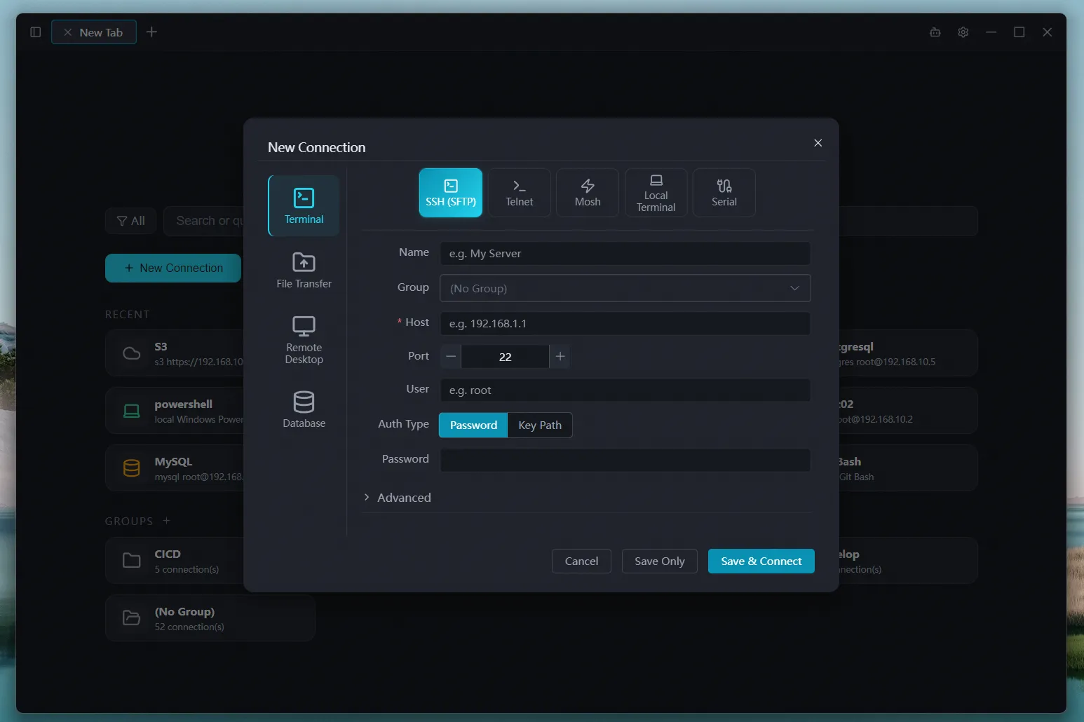 New connection dialog