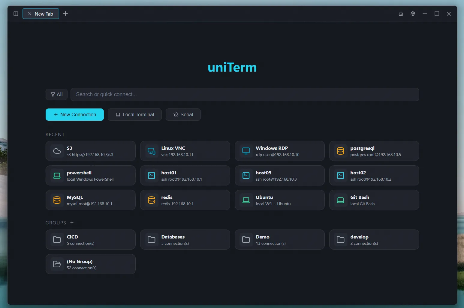 Start page with connection cards