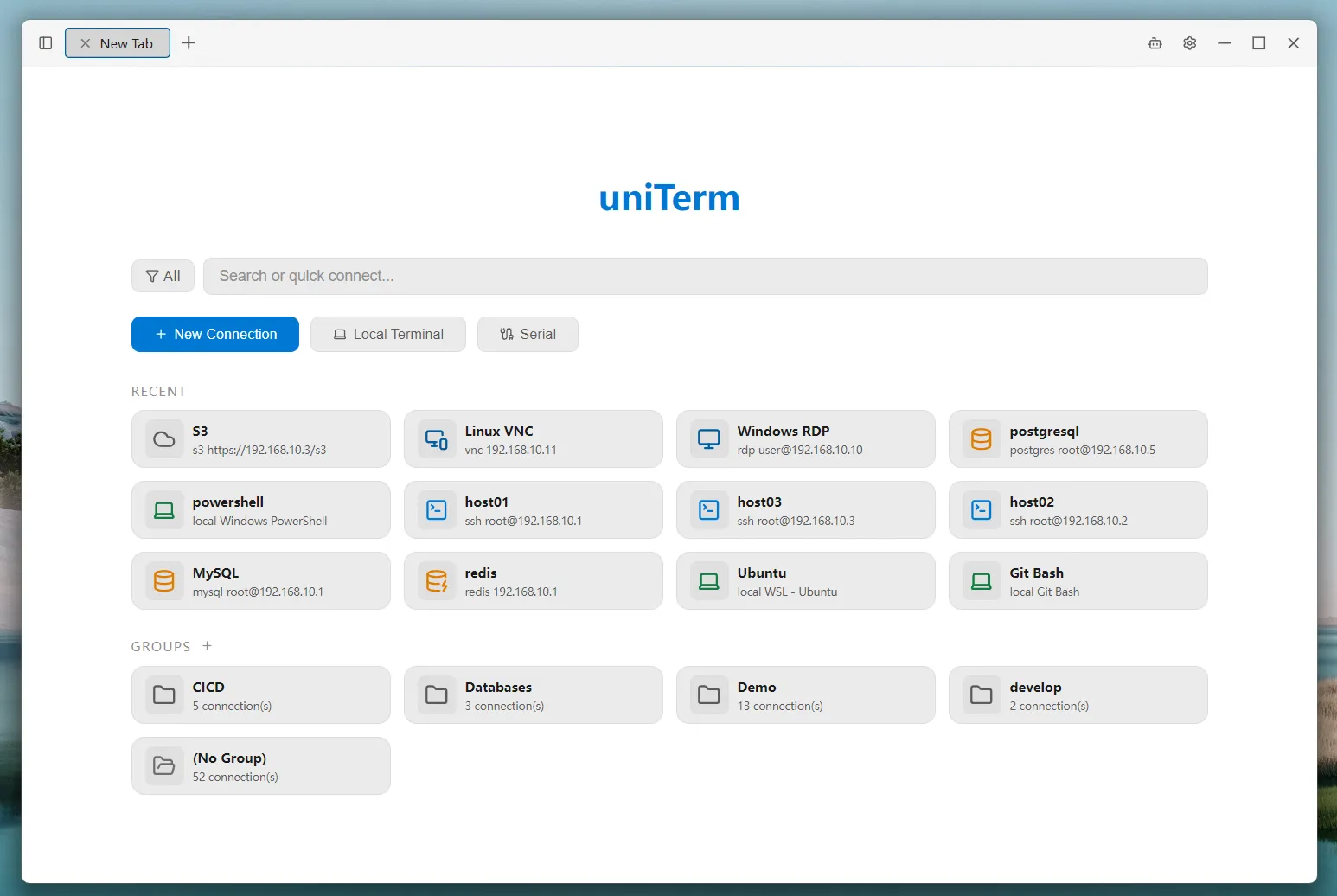 Start page with connection cards